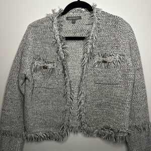 Kate & Mallory Textured Knit Tweed Style Cardigan with Fringe